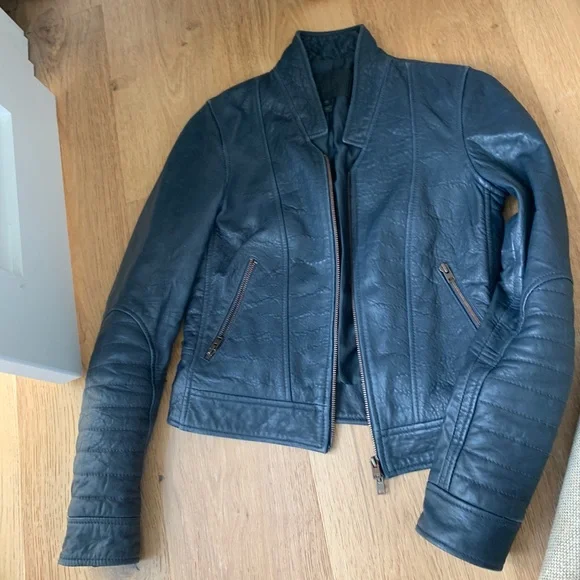 J Crew Standing Collar Leather jacket 00 navy blue - Picture 4 of 8